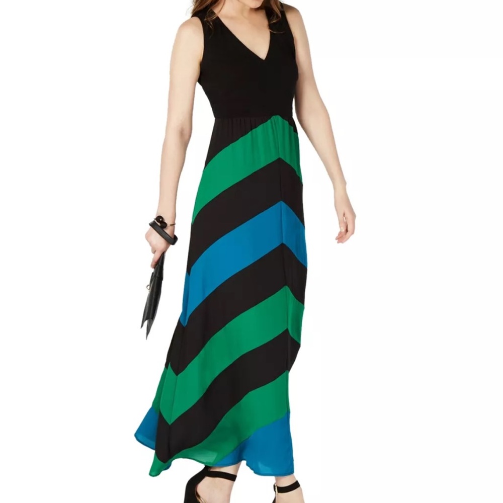 INC International Concepts Maxi Dress Chevron Lined Green Blue Black Womens 8